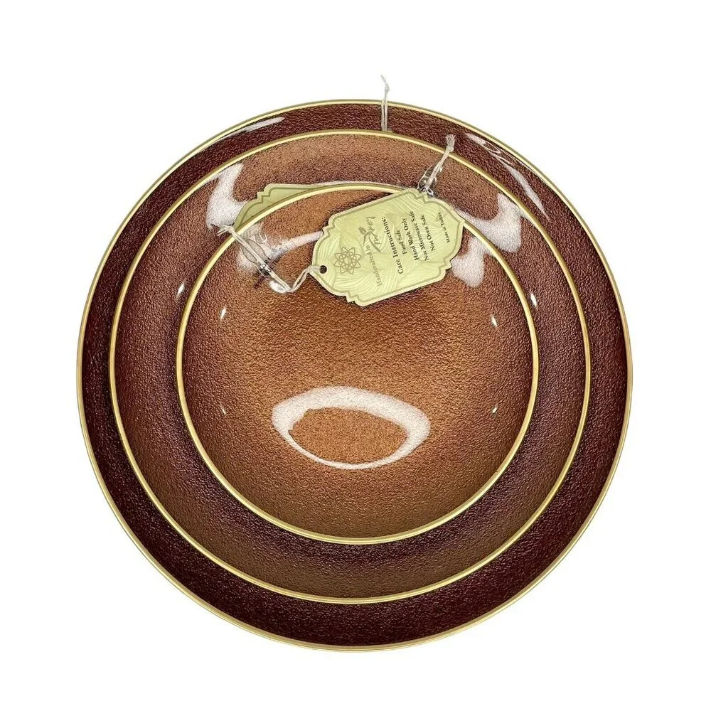 Turkish Glass 3 Entree Dinner Plates Set Brown Bronze Textured Gold Rim 11